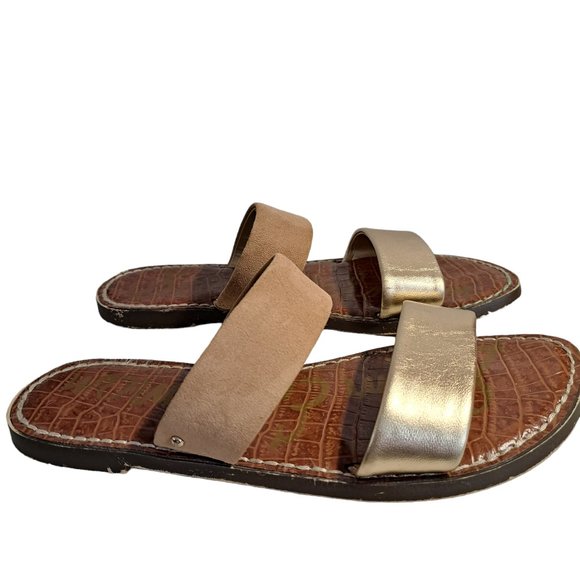 Sam Edelman Shoes - Sam Edelman Tan & Gold Faux Leather Double Strap Slip On Sandals Size 6.5